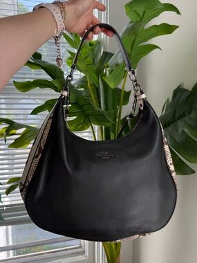 Coach Black Leather Shoulder Bag with Snake-Print Trim
